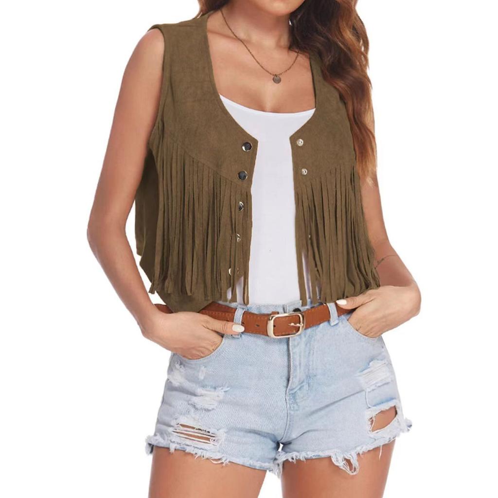 Women's Fashion Suede Buttonless Mid-Length Vest Solid Colour Vest Jacket