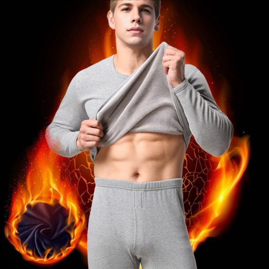 2Pcs/Set Men Warm Suit O-Neck Long Sleeve Tops Elastic Waist Long Pants Set Solid Color Plush Lining Pajamas Set