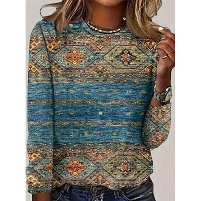 Женская футболка мода современный повседневный винтаж обычные топы с длинным рукавом круглый вырез принт обычный крой повседневный выходные черный синий коричневый зеленый осень зима