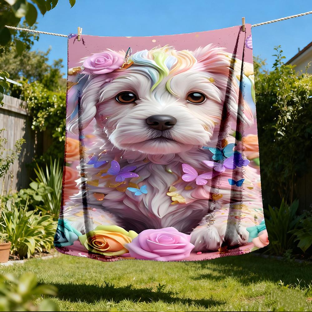 1pc Floral Dog Throw Blanket Polyester Fiber, Lightweight Flannel, Soft & Warm, All Season Use for Outdoor, Camping