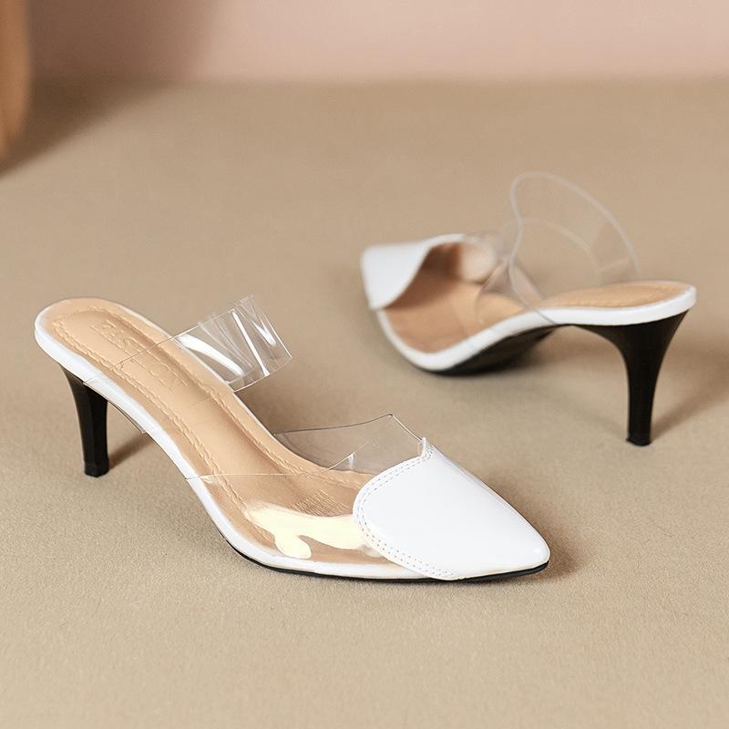 Весенние модные простые лакированные кожаные полутапочки персикового цвета с острым носком в форме сердца, женские сандалии Baotou на высоком каблуке на тонком каблуке, удобная элегантная обувь