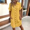 Летнее женское платье с отложным воротником, однобортное, свободное, с короткими рукавами, свободное, однотонное, с накладным карманом, длиной до колена, для отдыха, миди-платье