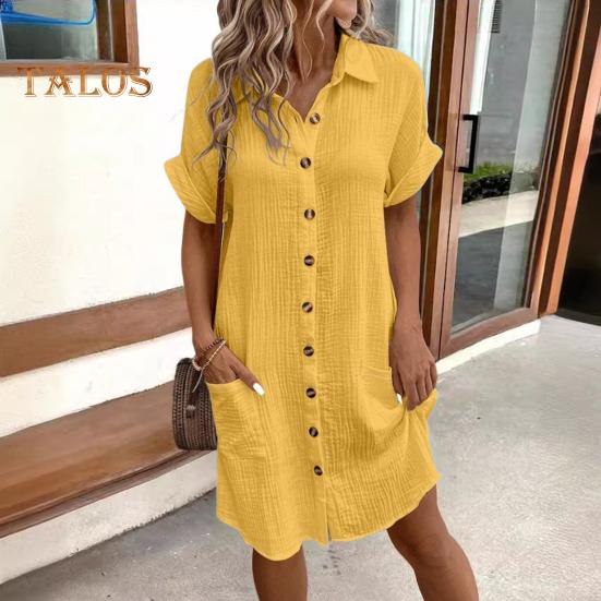 Летнее женское платье с отложным воротником, однобортное, свободное, с короткими рукавами, свободное, однотонное, с накладным карманом, длиной до колена, для отдыха, миди-платье