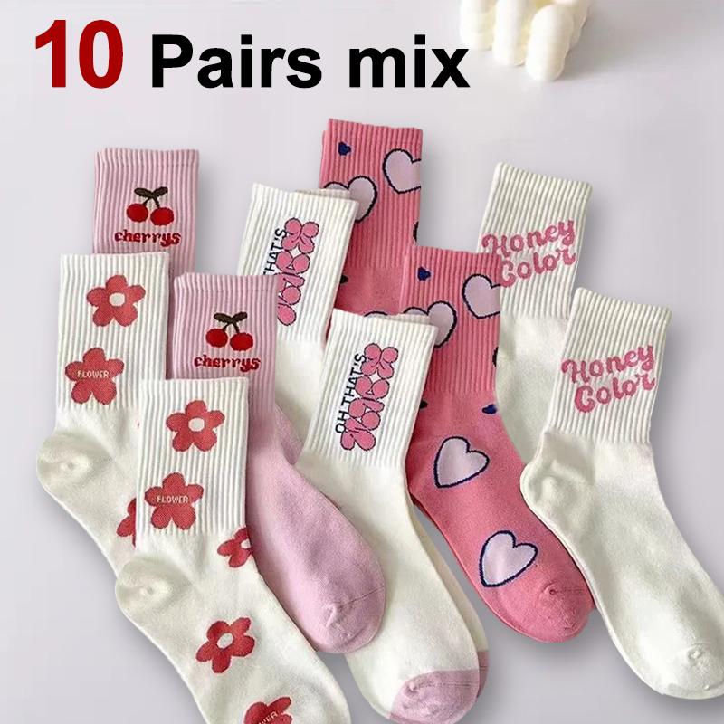 5/10 пар женских носков средней длины с мультяшным принтом, модные носки с надписями и мелким цветочным принтом, розовые с вишней и сердечками, мягкие, удобные, повседневные носки