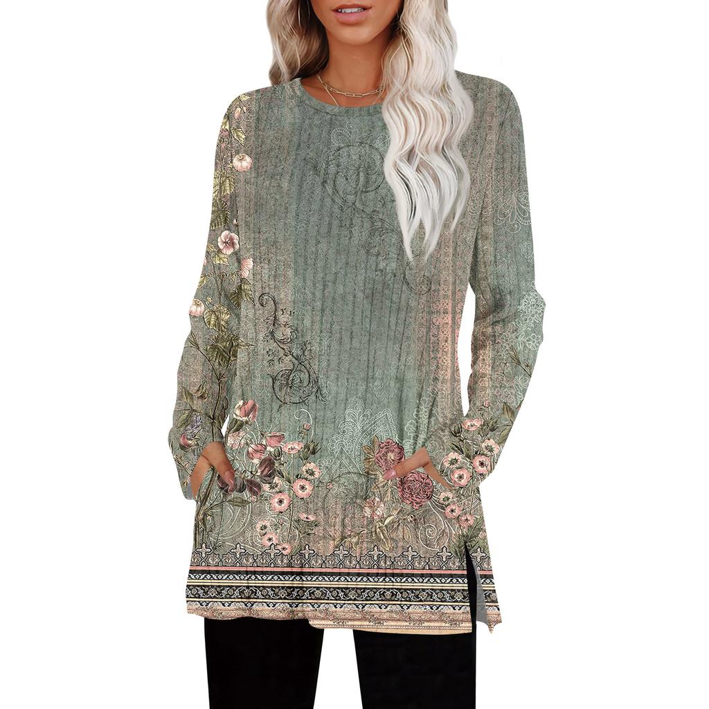 Womens Sweaters Crewneck Long Sleeve Shirts With Pockets Fall Outfits  Fashion Winter Clothing Side Slit