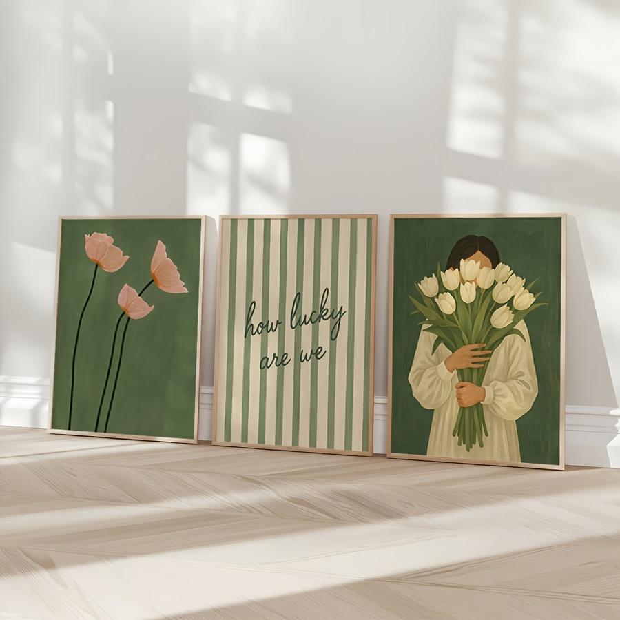 3pcs/set How Lucky Are We Romantic Love Quotes Canvas Poster Green Striped Peony Flower Wall Art Prints for Modern Home Decor