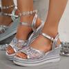 Women's Fashion Silver Wedge Heel Sandals Summer Shiny Crystal Platform Sandals Woman Breathable Mesh Thick Sole Sandalias Mujer