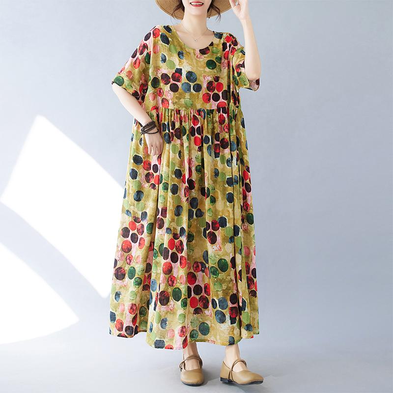 DIMANAF Женское платье больших размеров 2024, новое летнее стильное платье с круглым вырезом и цветочным принтом, зеленое льняное базовое платье 1092