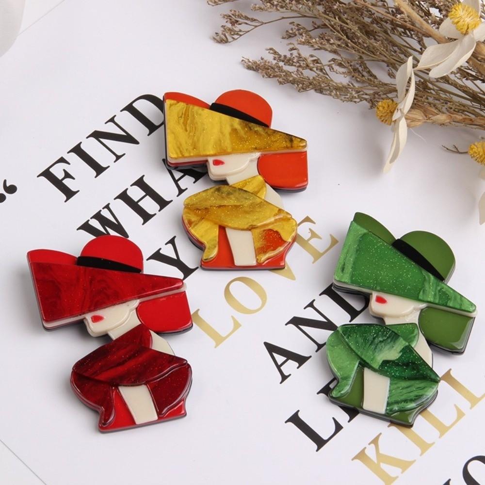 Cartoon Women Portrait Pin Acrylic Girl Badge Retro Lady with Hat Brooch