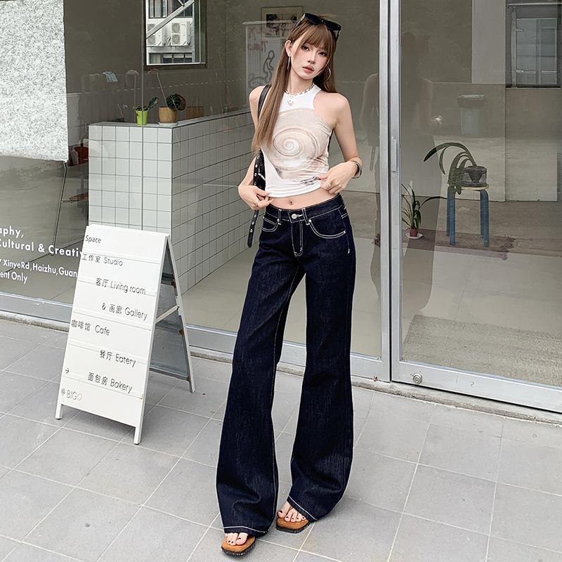 Denim Blue Low Waist Slightly Pulled Jeans Women's Autumn New Loose and Skinny Not Sticky Legs Wide Leg Flared Pants
