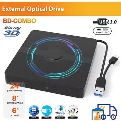Внешний привод Blu-ray USB 3.0 Портативный 3D BD-Combo Оптический привод CD DVD Проигрыватель CD Пишущий привод Читатель для ноутбука ПК Windows 11/10 Mac