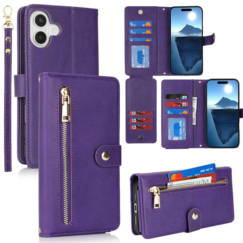 For iPhone 16 Stand Case PU Leather Phone Cover with Straps/Zipper Wallet/Multiple Card Slots