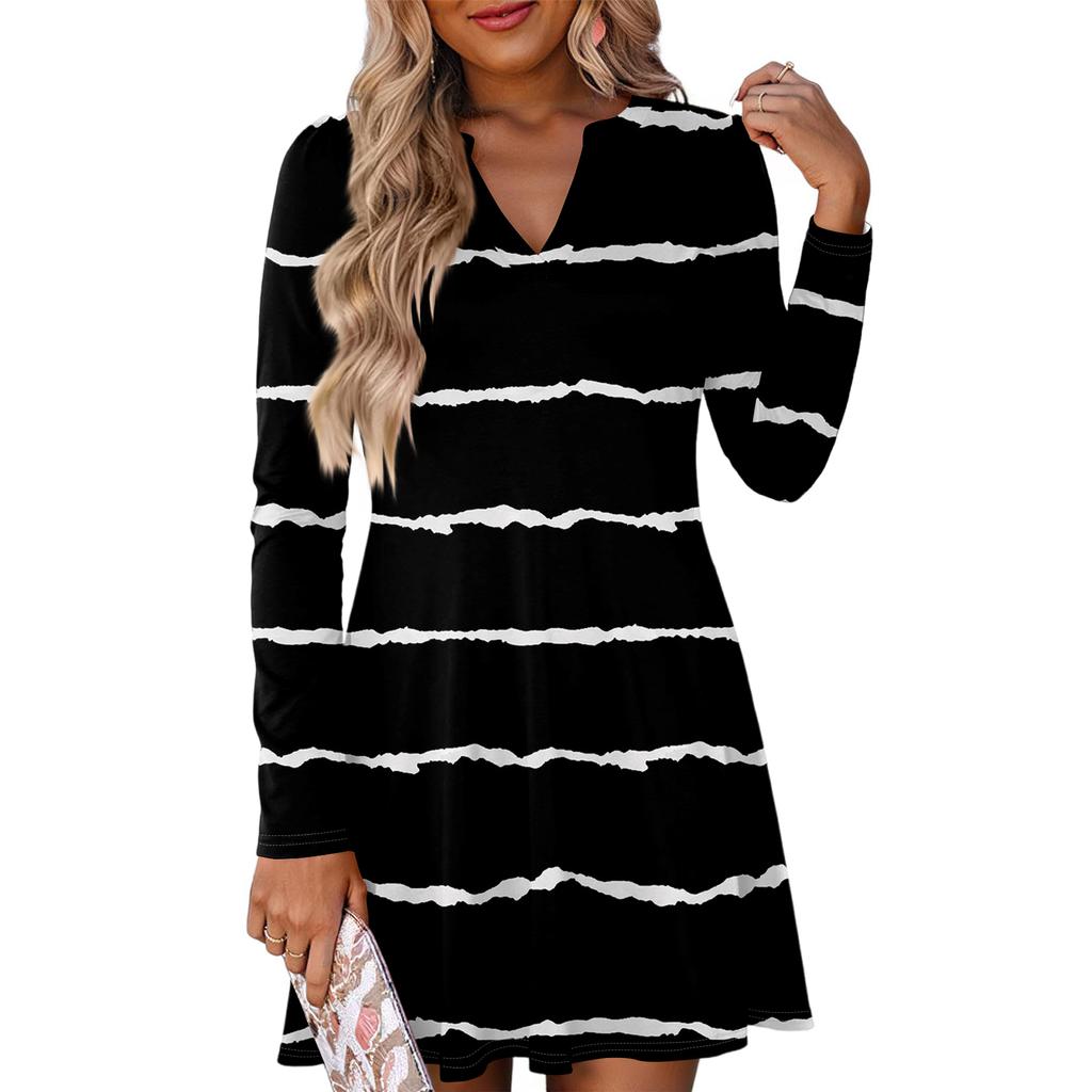 Женское модное полосатое платье с V-образным вырезом и длинными рукавами