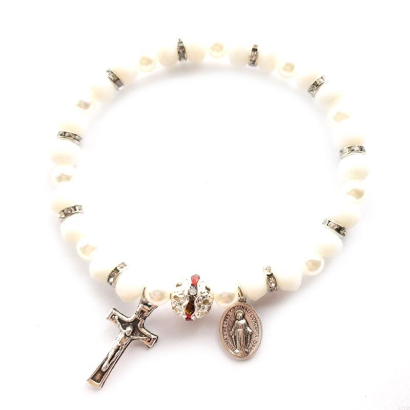 62KD Beaded Stretch Rosary Bracelet Religious for Cross Bracelet Green Crystal Bead