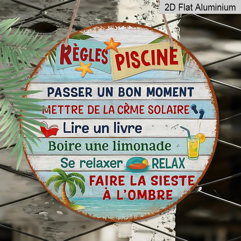 2D Flat, 1pc 7.87x7.87 Inch Round French Aluminum Sign, Vintage Decorative Plaque for "Pool Rules", "Summer Relaxation" Decorative Plaque, Suitable