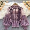 Elegant Floral Mesh Long Sleeve Short Blouse Sweet Women Lantern Sleeve Lace Shirts Ladies See Through Mesh Blouse Tops 25914