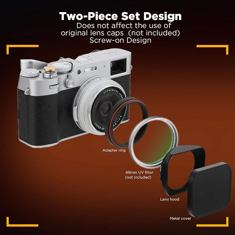 Haoge LH-X200B Square Metal Lens Hood with 49mm Adapter Ring and Metal Cap for Fujifilm X100VI x-100vi x100v x100f x100t x100s - Fujifilm Camera Acces