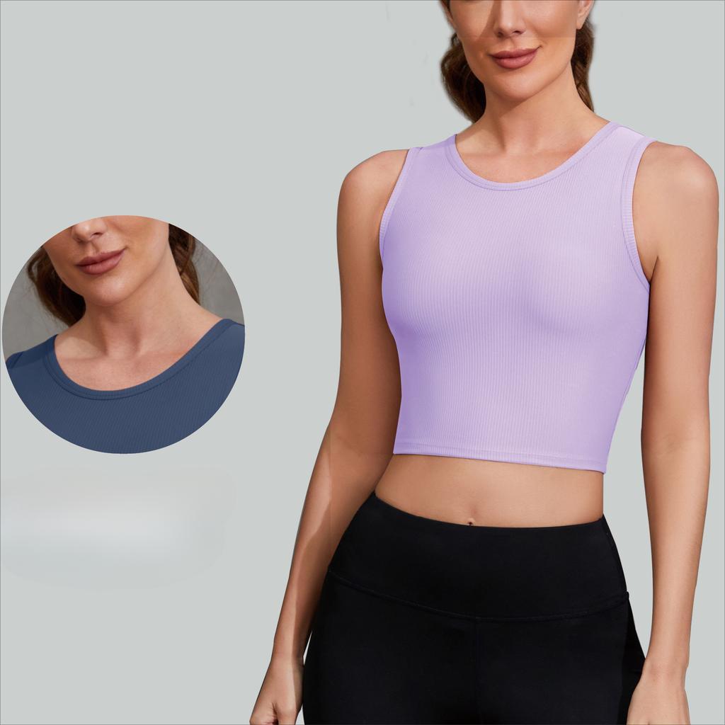 Women's Thin with Chest Pads Solid Colour Ribbed Shockproof Short Sports Fitness Yoga Tank Tops