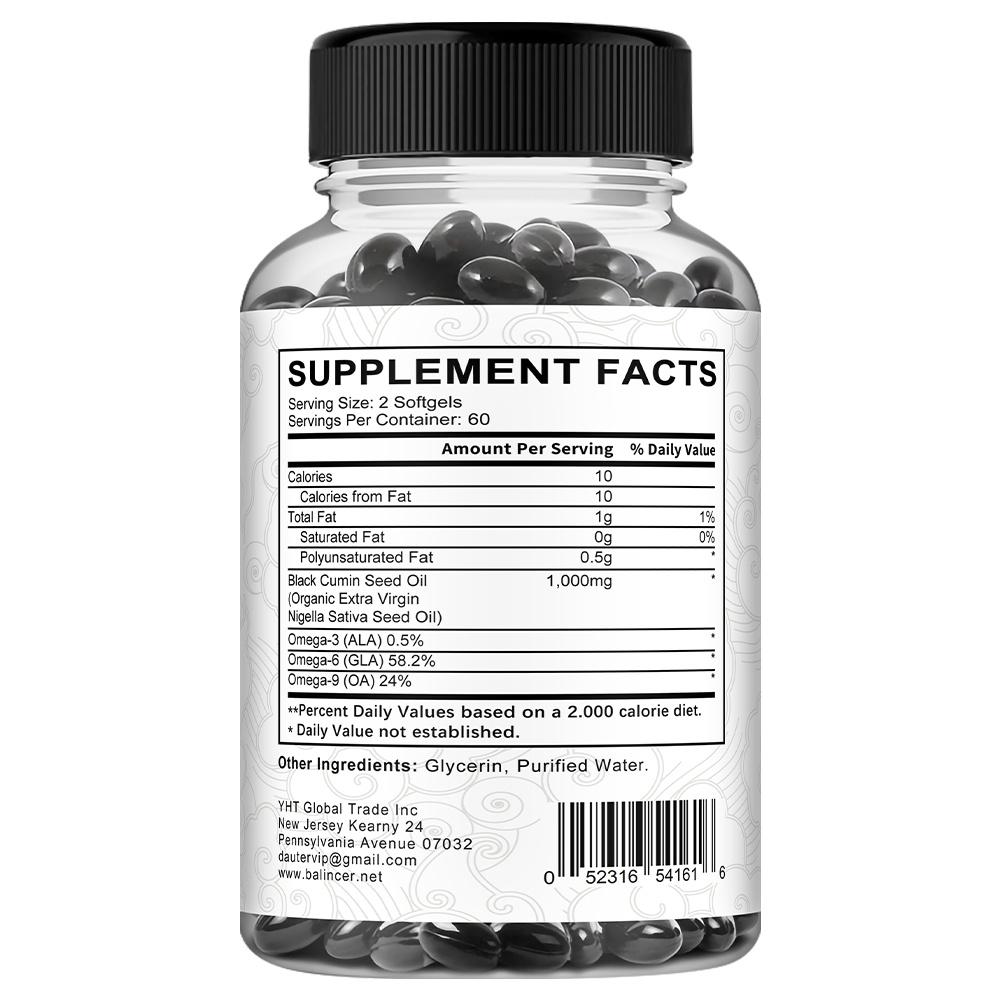 Balincer Organic Black Seed Oil Softgels 1000mg, Omega 3 6 9 Antioxidant Support, 120 Softgels