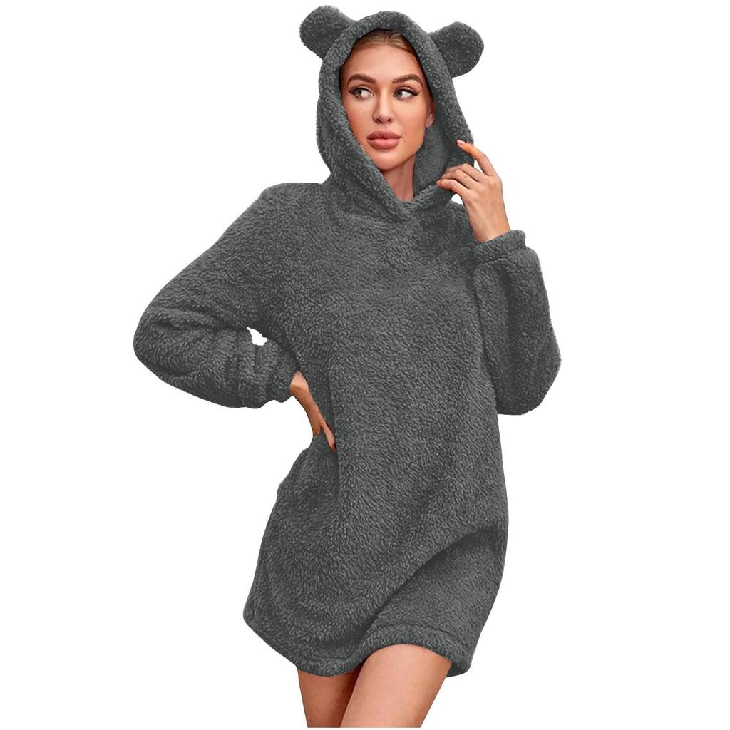 Women's Plush Hooded Casual Cute Bear Ears Pajama Dress