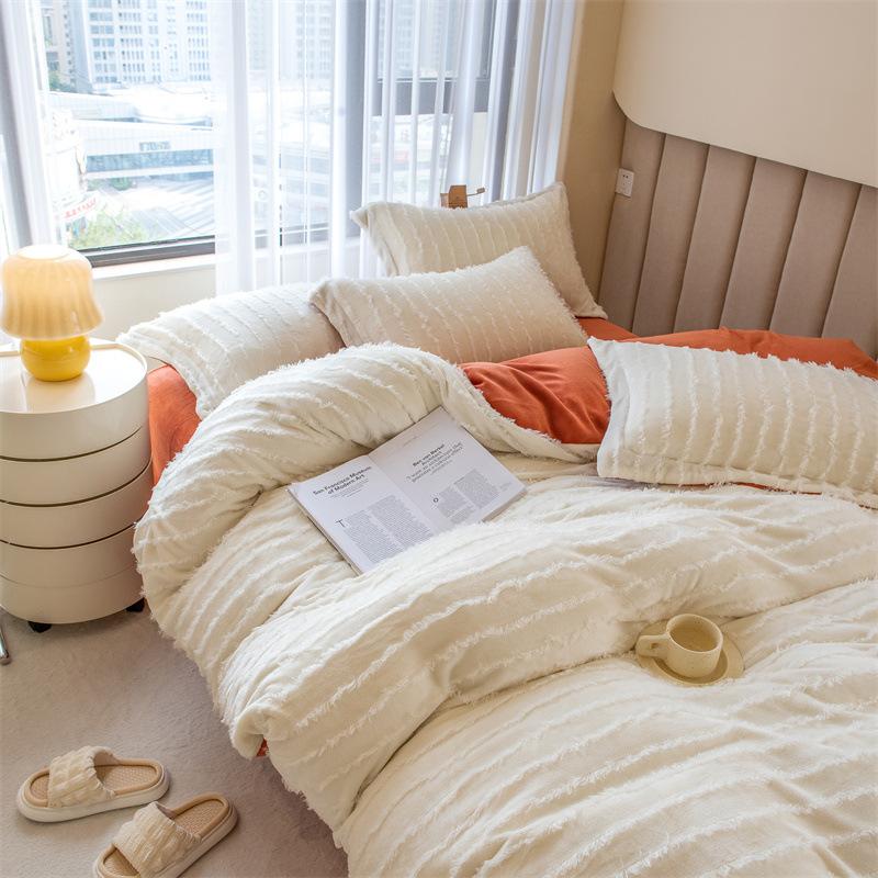 Ins однотонное молочное бархатное одеяло из четырех частей с бахромой кораллового бархата, зимнее фланелевое одеяло, пододеяльник, постельные принадлежности