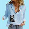 Women Fashion Buttoned Long Sleeved Shirt Ladies Casual Thin Cotton Linen Top Stand-collar Cat Print Long Sleeved Blouse