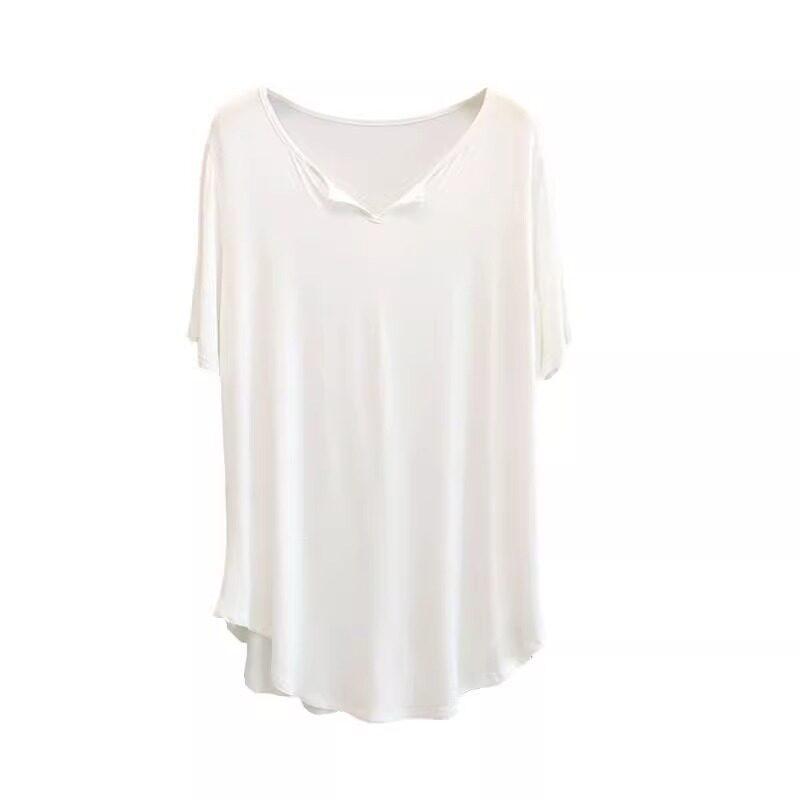 Modal short-sleeved T-shirt women's medium and long butt-covering V-neck arc hem loose sports blouse top