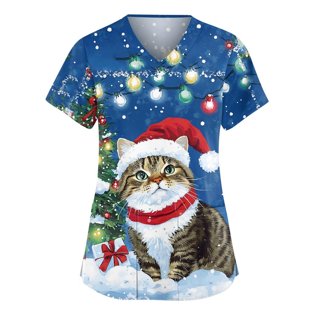 Женский модный рабочий топ с V-образным вырезом, рождественским принтом, короткими рукавами, карманом, боковым разрезом, базовый пуловер