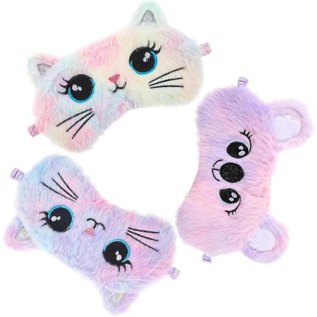 Kids Sleep Mask, 3 Pcs Cute Cat Sleeping Eye Mask Colorful Soft Plush Eye Covers for Sleeping Comfortable Funny Animal Night EyeMasks for Women Girls