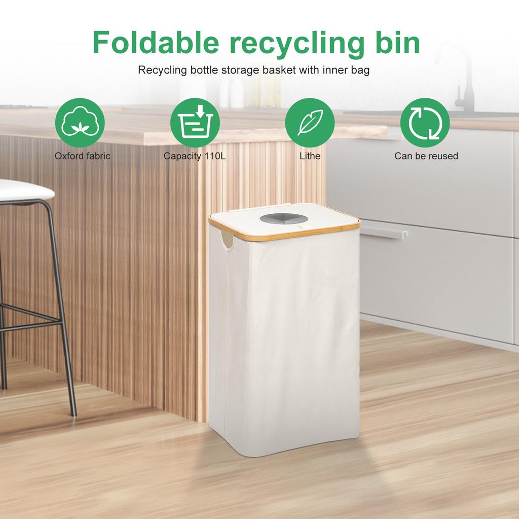 110L Home Recycling Bin Foldable Recycle Storage Container with Reusable Inner Bag For Kitchen Recycle Bottle Cans Glass Cartons