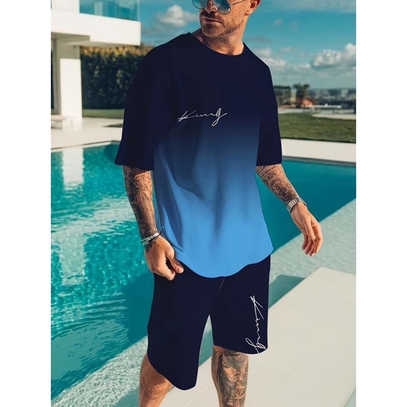Men's Outfit, Gradient Color King Graphic Print Casual Crew Neck Short Sleeve T-Shirt & Shorts 2-piece Set For Summer Outdoor Activities