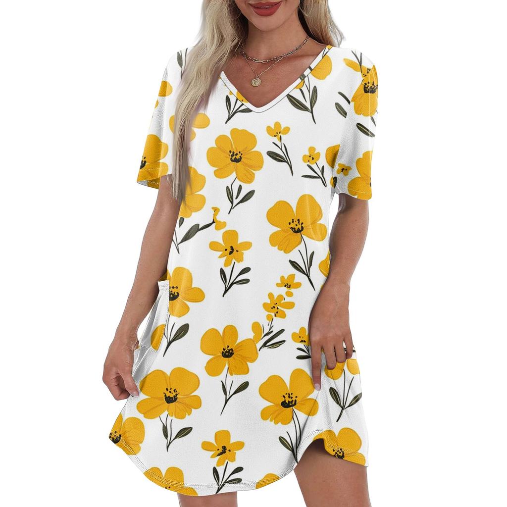 Women's Summer Fashion Casual V-Neck Floral Print Short Sleeve Pocket Dress