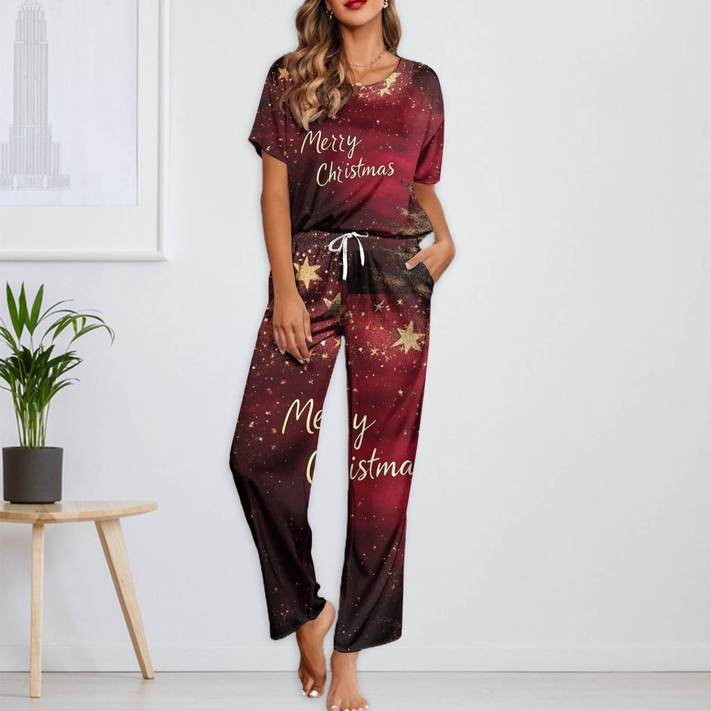 Женский шелковый атласный пижамный комплект с рождественским принтом, рубашка с коротким рукавом и длинные пижамные штаны, мягкая домашняя одежда