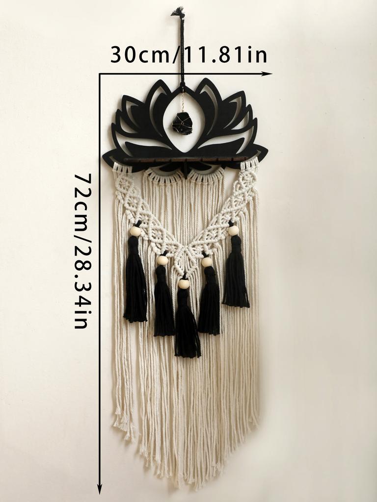 Handwoven Tapestry Art Lotus Macrame Wall Hanging Woven Crystal Shelf Black Wooden Wall Shelves Boho Floating Wall Shelf Gifts