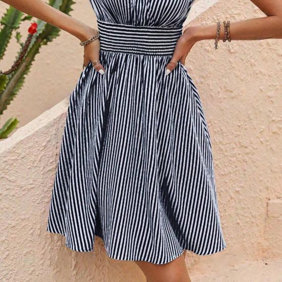 Женское платье с летающими рукавами, V-образным вырезом, полосатым принтом, эластичной высокой талией, трапециевидной формы с большим подолом и рюшами