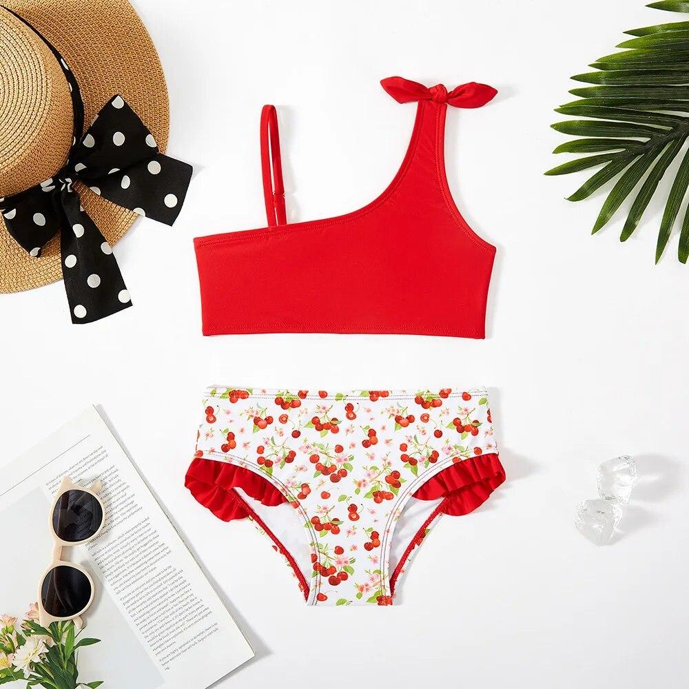 Two Piece Teen Girls Swimwear Fashion Red Bikini Sets High Quality Split Children Swimwear Swimming Suit for Girls