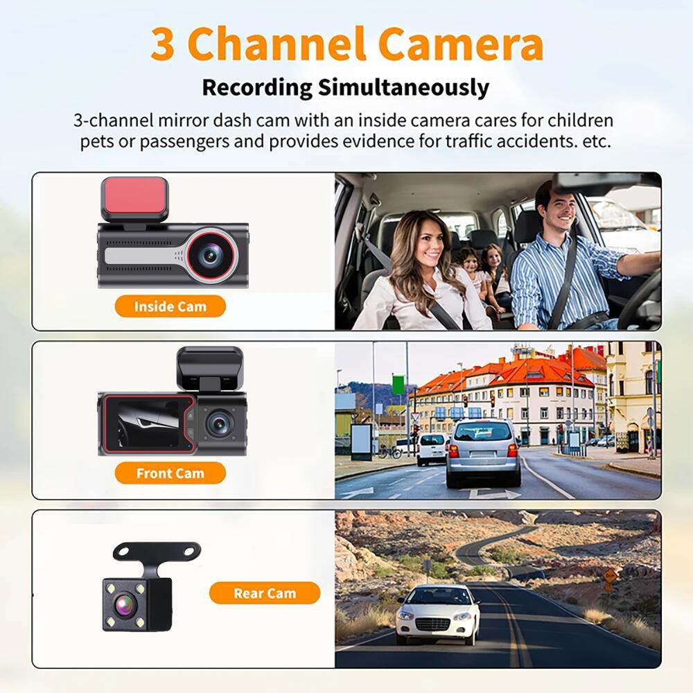2''IPS Dash Cam 3way Driving Recorder Reversing Image Night Vision Fill-In Light HD 1080P Wide-Angle Dvr Car Charge Black Box