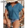 INDFS Женская мода Повседневная Летняя Весна Однотонный Принт Короткие Рукава V-образный Вырез Блузки и Рубашки