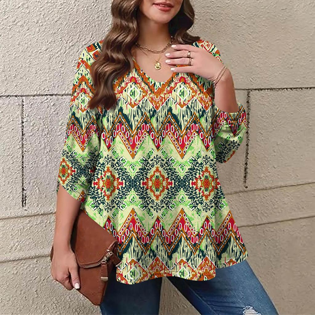 Women's Plus Size Fashion Printed Casual Pleated Round Neck Long Sleeve Top