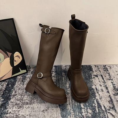 Универсальные высокие сапоги на толстом каблуке для женщин 2025 осень и зима новые с пряжкой ремня коричневые маленькие сапоги на толстой подошве женские сапоги-рыцари