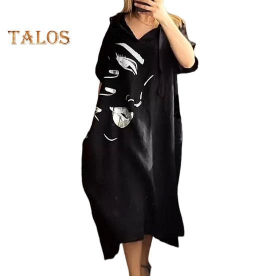 Женское платье с принтом лица, свободное платье с капюшоном и шнурком в богемном стиле с короткими рукавами, городской стиль, пуловер с разрезом по краю и боковым карманом, платье миди длиной до середины икры