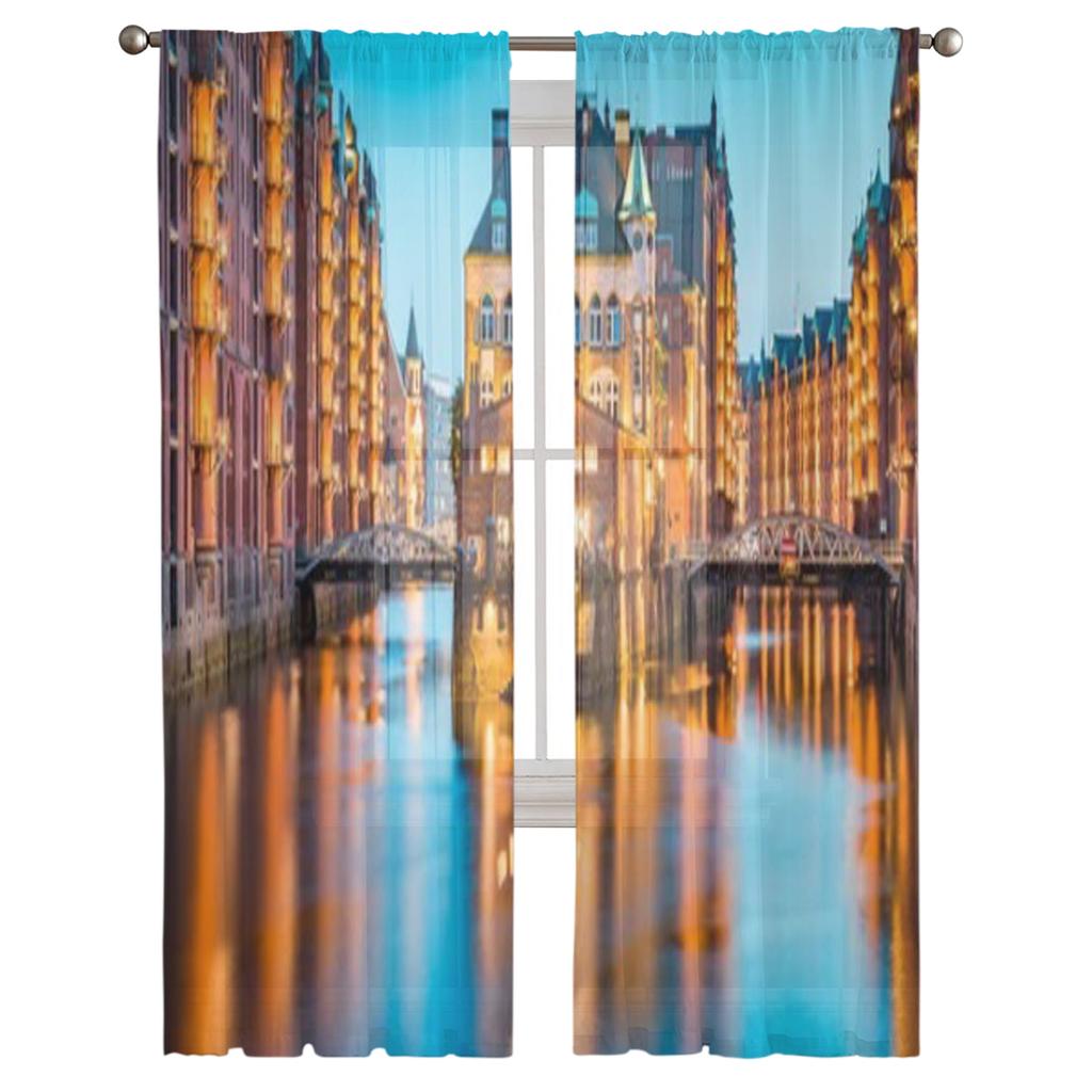 Sunset Sky Over Speicherstadt Harbor In Downtown Tulle Sheer Curtains for Living Room Kitchen Decoration Voile Organza Curtains