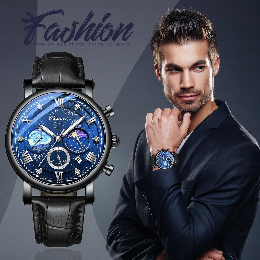 Watch Genuine Leather Strap Van Gogh Starry Analog Calendar Leather Strap Waterproof Quartz Watch Black Fashion Watch Day Birthday Christmas Day Gift