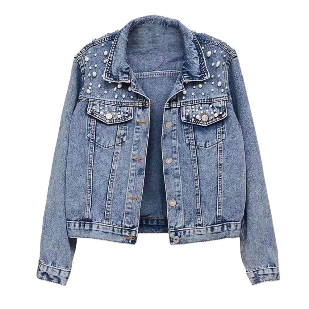 Female Jacket Stylish Winter Female's Denim Coat with Bead Decor Plus Size Long Sleeves Turn-down Collar Casual Streetwear Jac Practical Use