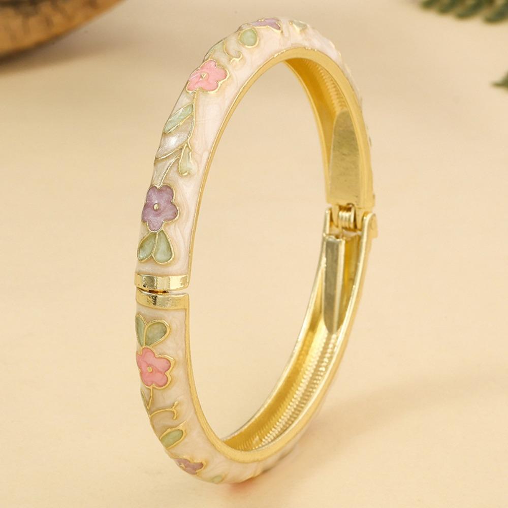 Flower Pattern Cloisonne Bracelet Rustic Style Women Bangle Blossom Enamel Bracelet Gift