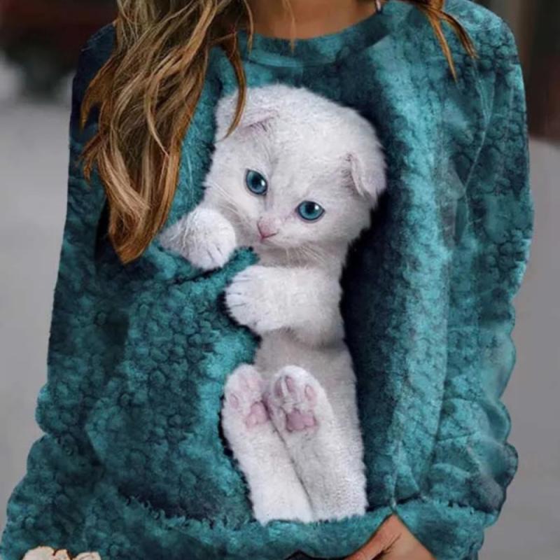 Женский свитер с круглым вырезом с милым котенком, осень 2023, новый женский топ, повседневный удобный свитер увеличенного размера