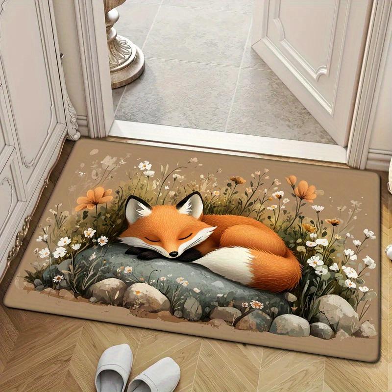 1pc Non-Slip Floor Mat - Cute Fox & Floral Doormat, Machine Washable Soft Polyester Mat for Entryway, Living Room, Bedroom - Rus