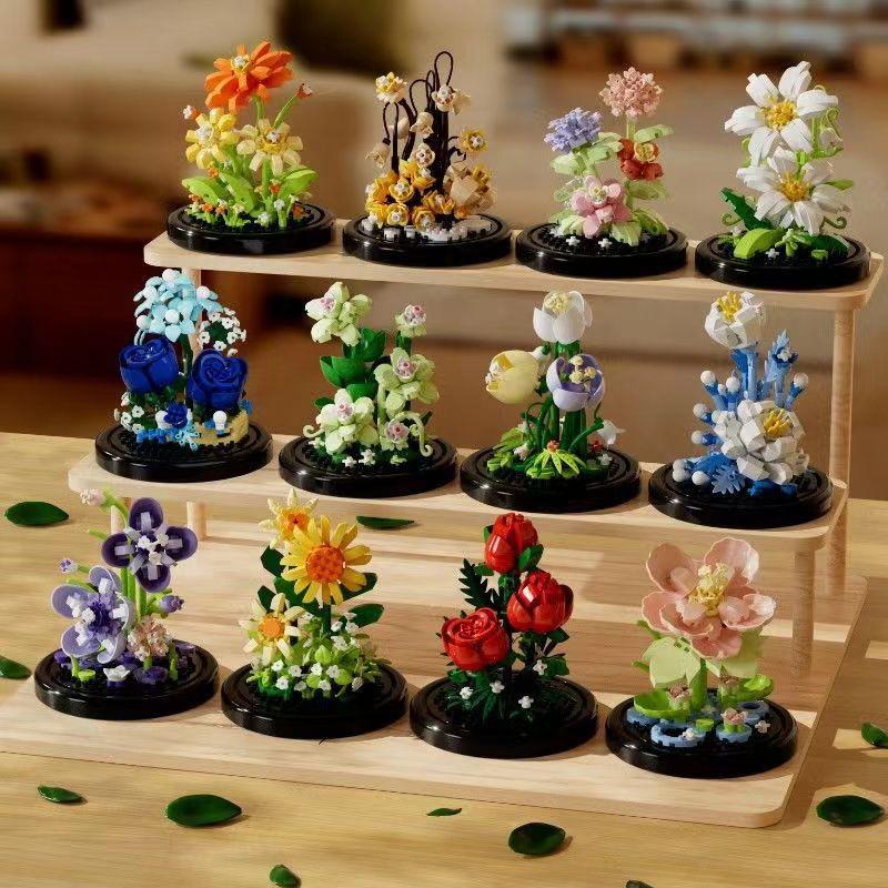 Букет цветов, бонсай, строительные блоки, искусственное пластиковое растение, пылезащитный чехол, микромодель, украшение для дома, игрушка для ребенка, подарок на день рождения