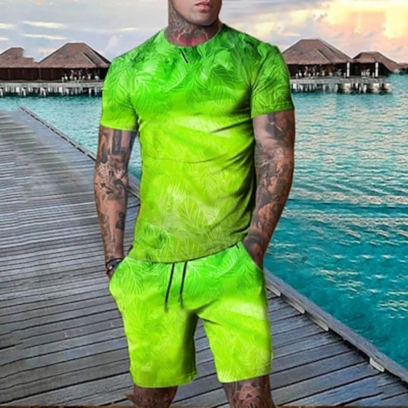 Мужские комплекты из 2 футболок с графическим рисунком листьев и растений, комплекты футболок с коротким рукавом и круглым вырезом, дизайнерские, удобные, для активного отдыха, весна и лето