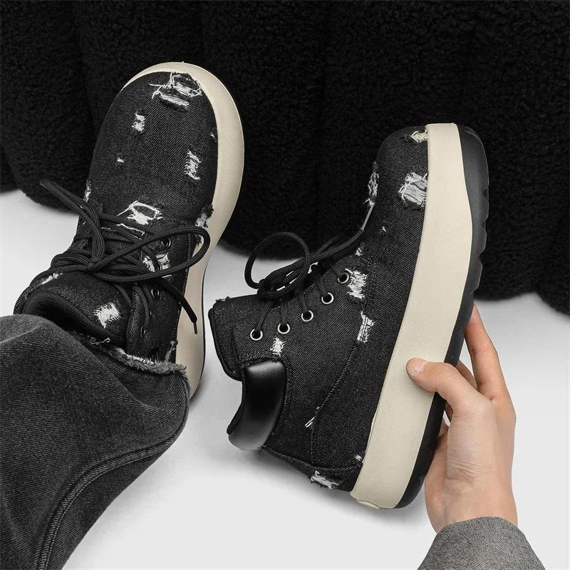 Canvas Boots for Men Outdoor Workwear Boots Retro Spring Chunky Sneakers Design Big Head Platform Lace-up Ankle Boots Trendy